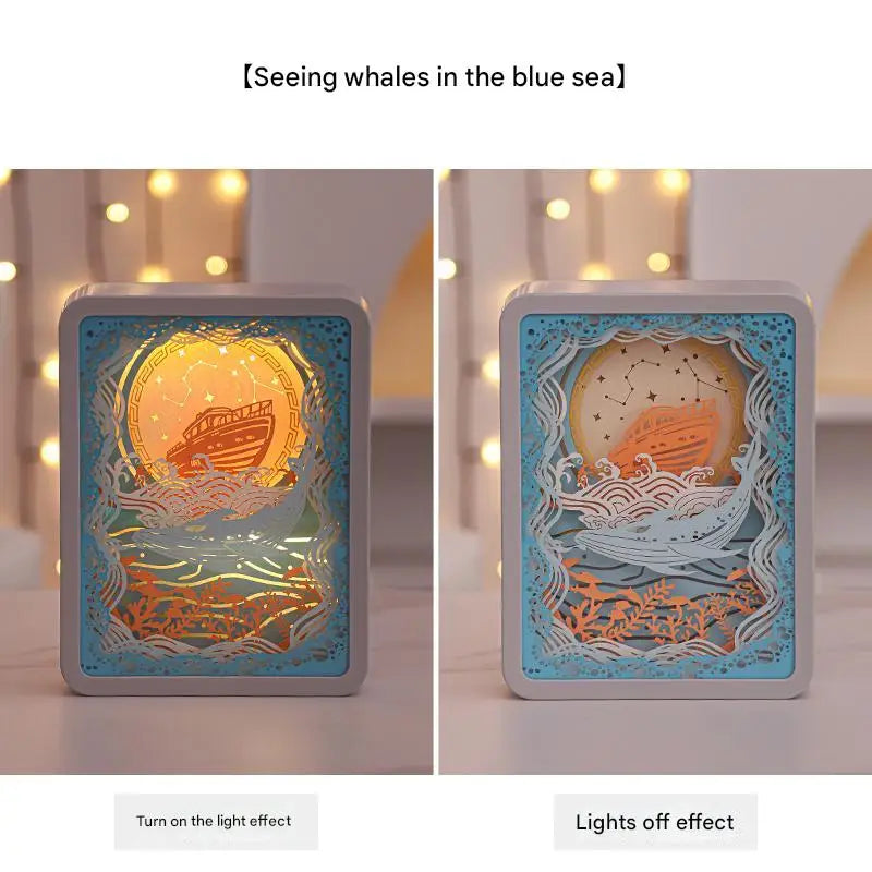 Whale Watching In The Blue Sea 3D Paper Carving Night Light - USB Or Battery Powered Decorative Bedside Lamp
