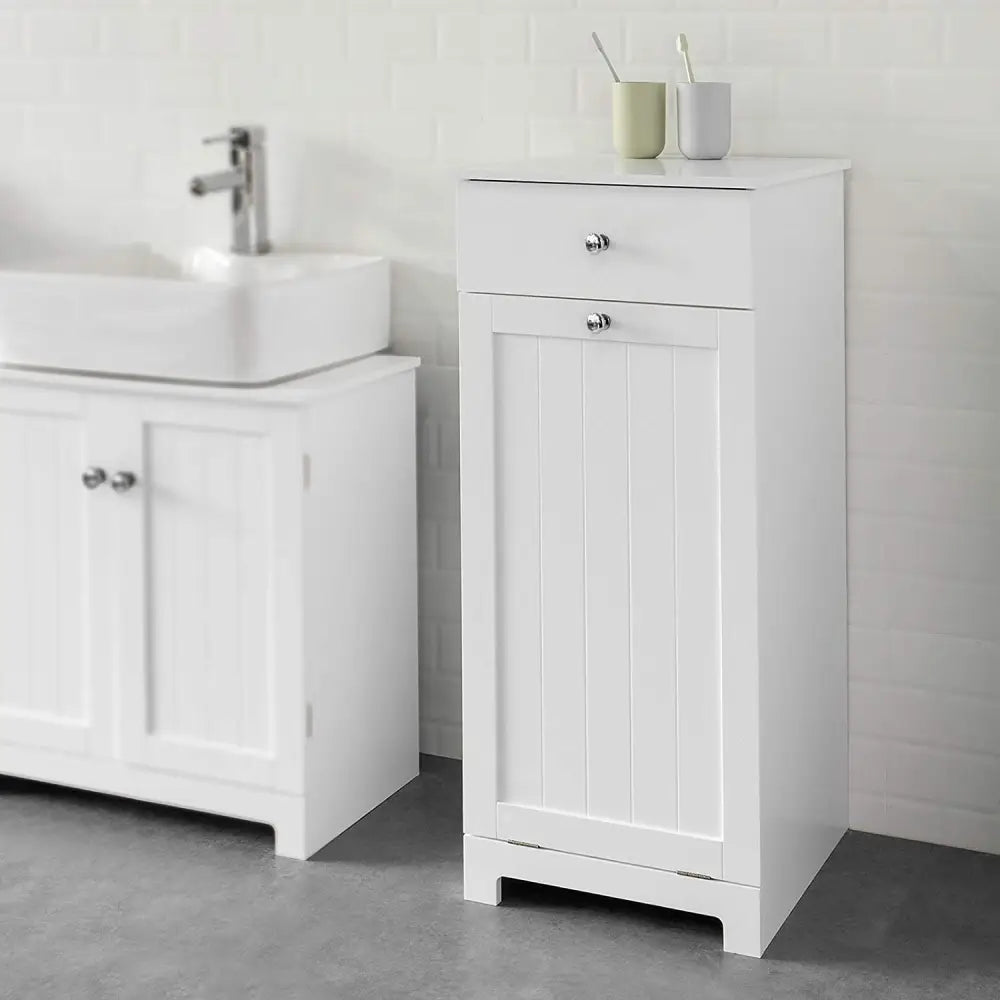 White Bathroom Cabinet with Laundry Basket and Drawer - Home & Garden > Storage