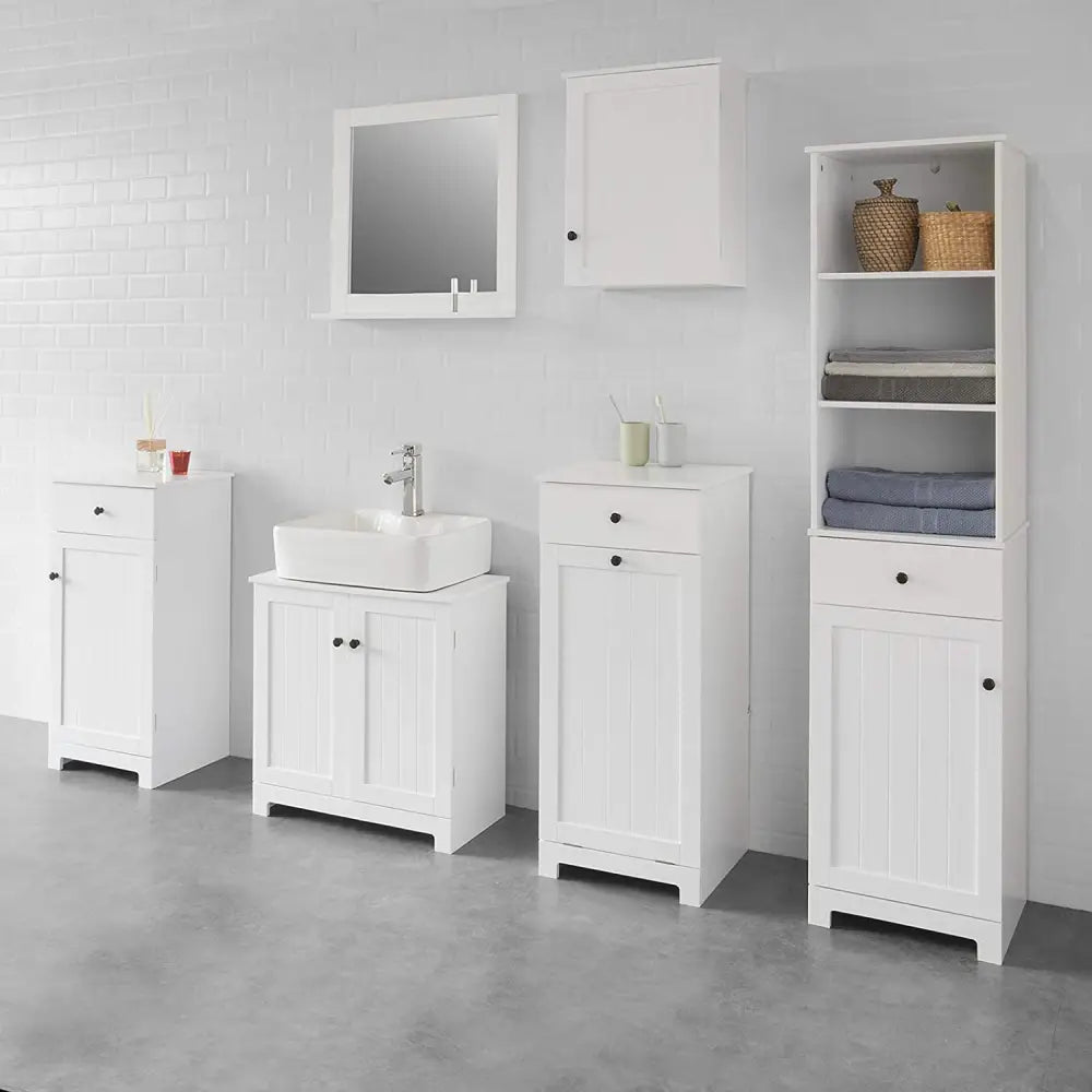 White Bathroom Cabinet with Laundry Basket and Drawer - Home & Garden > Storage