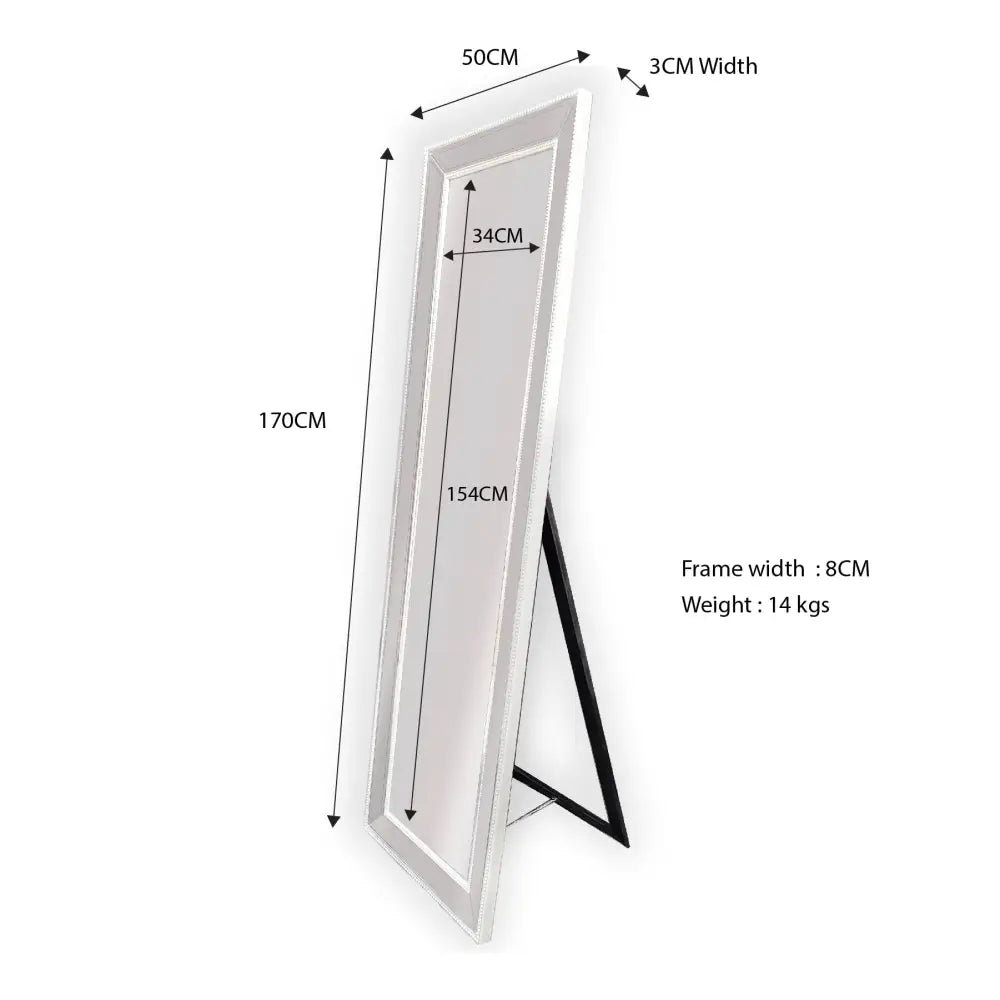 White Beaded Framed Mirror - Free Standing 50cm x 170cm - Home & Garden > Decor