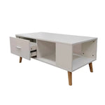 White Coffee Table Storage Drawer & Open Shelf With Wooden Legs - Furniture > Living Room