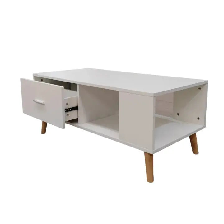 White Coffee Table Storage Drawer & Open Shelf With Wooden Legs - Furniture > Living Room