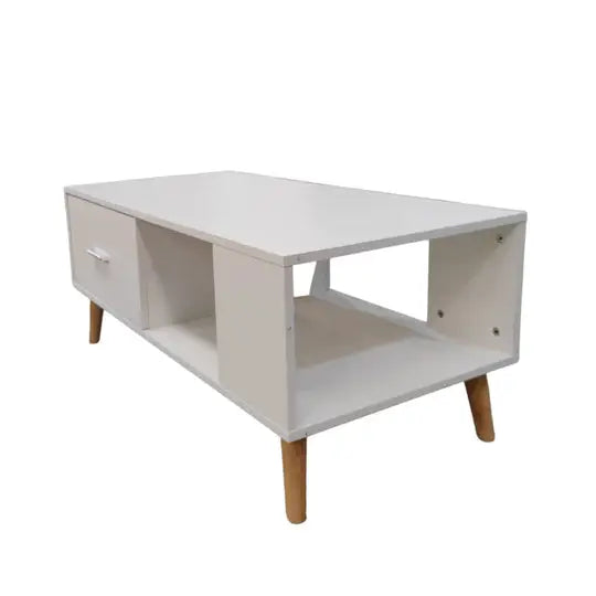 White Coffee Table Storage Drawer & Open Shelf With Wooden Legs - Furniture > Living Room