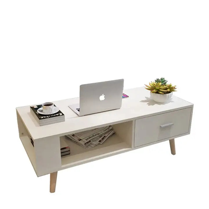 White Coffee Table Storage Drawer & Open Shelf With Wooden Legs - Furniture > Living Room