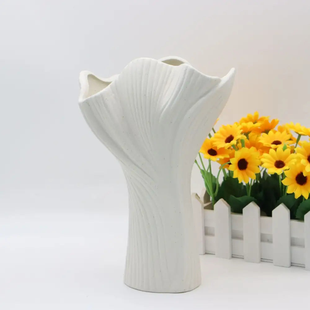 White Elegant Off-White Ceramic Vase - Modern Sculptural Flower Holder with Wide Fluted Opening - Home & Garden > Decor