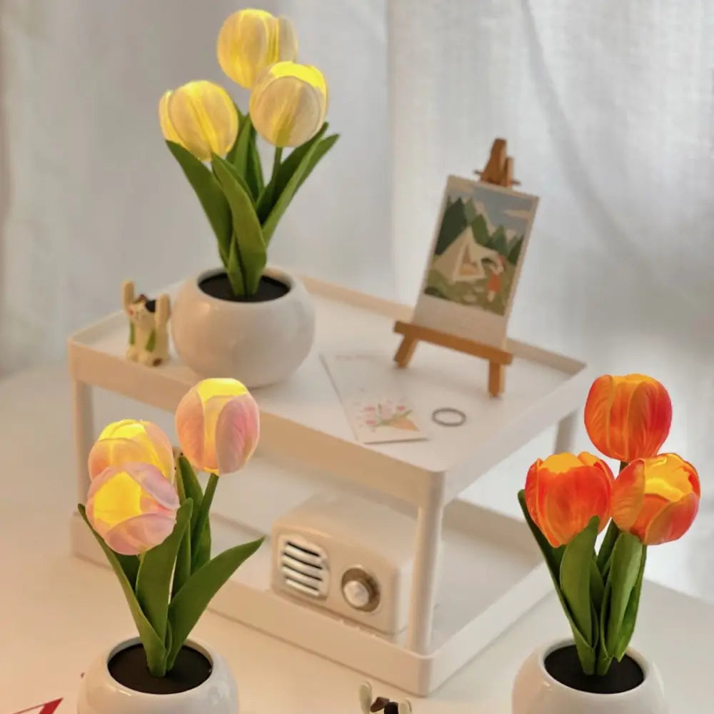White Flowers USB Tulip Night Light - Bedroom Decor Table Lamp with PU Flowers & Ceramic Pot Perfect Gift for Family &