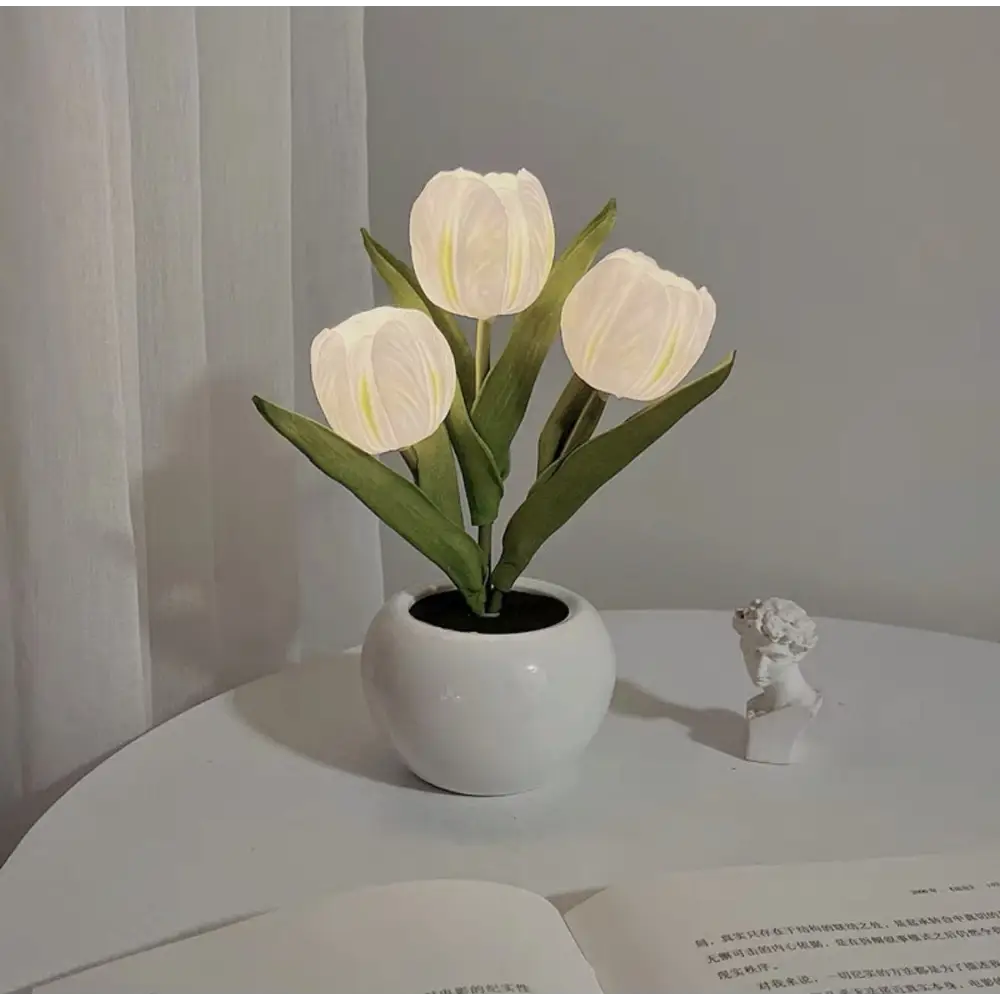 White Flowers USB Tulip Night Light - Bedroom Decor Table Lamp with PU Flowers & Ceramic Pot Perfect Gift for Family &