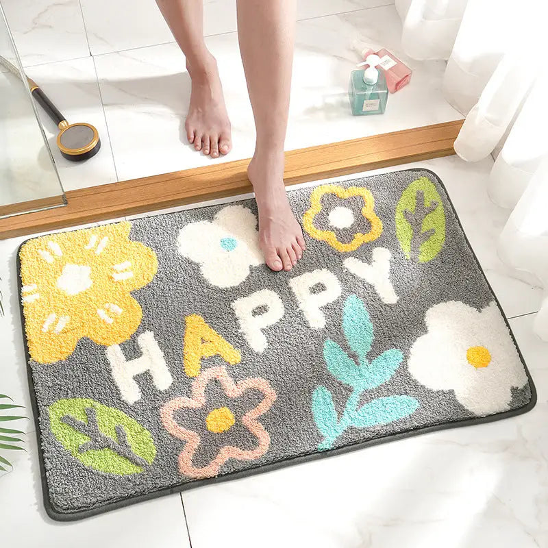 White Happy Bath Mat - Super Absorbent Non-Slip Bathroom Floor Mat - 40x60cm - Home & Garden > Bathroom Accessories >