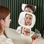White LED Lighted Tri-Fold Makeup Mirror with Storage Drawer & Magnification(USB Charging Port) - Home & Garden > Decor