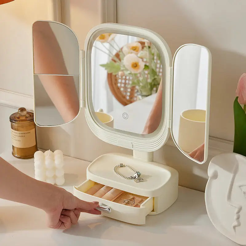 White LED Lighted Tri-Fold Makeup Mirror with Storage Drawer & Magnification(USB Charging Port) - Home & Garden > Decor