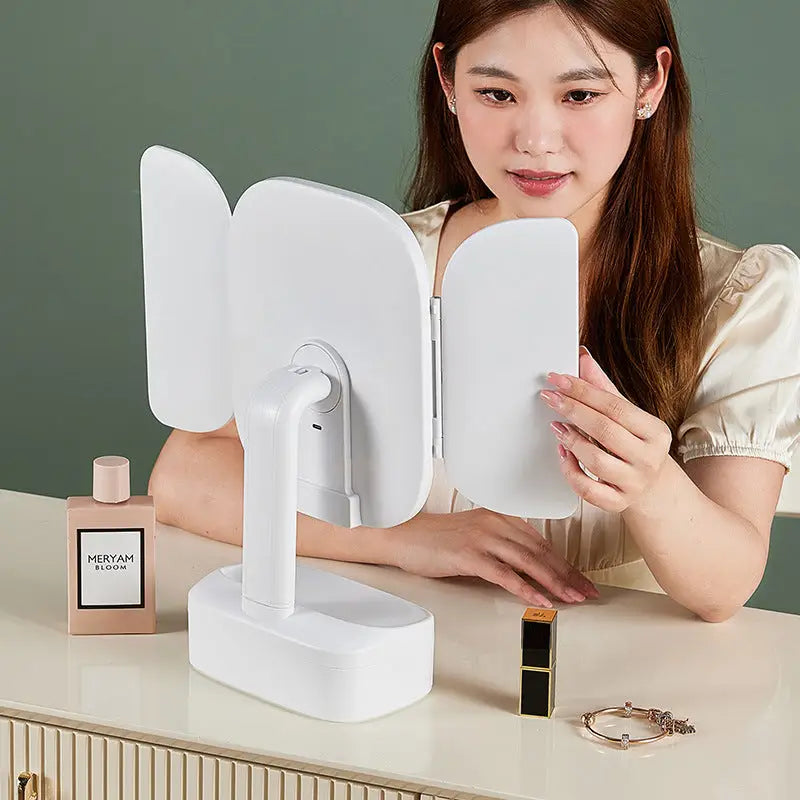 White LED Lighted Tri-Fold Makeup Mirror with Storage Drawer & Magnification(USB Charging Port) - Home & Garden > Decor