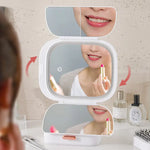 White LED Lighted Tri-Fold Makeup Mirror with Storage Drawer & Magnification(USB Charging Port) - Home & Garden > Decor