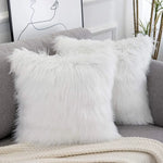 White Luxurious Long Faux Fur Cushion Covers - Set of 2 45x45cm Soft Plush Decorative Pillowcases for Sofa & Bed - Home