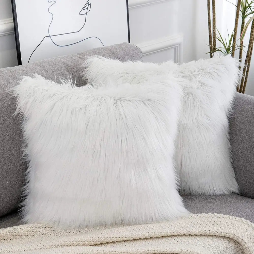 White Luxurious Long Faux Fur Cushion Covers - Set of 2 45x45cm Soft Plush Decorative Pillowcases for Sofa & Bed - Home