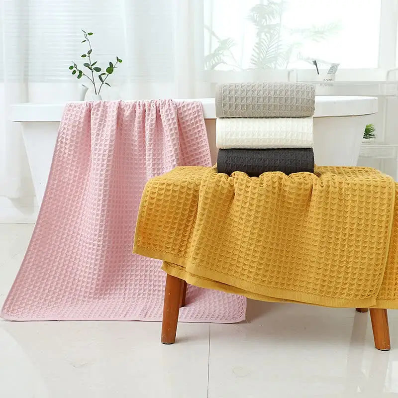 White Luxury Cotton Waffle Bath Towel Soft Quick-Drying Water Absorbent Unisex for Home Use - Home & Garden > Bathroom