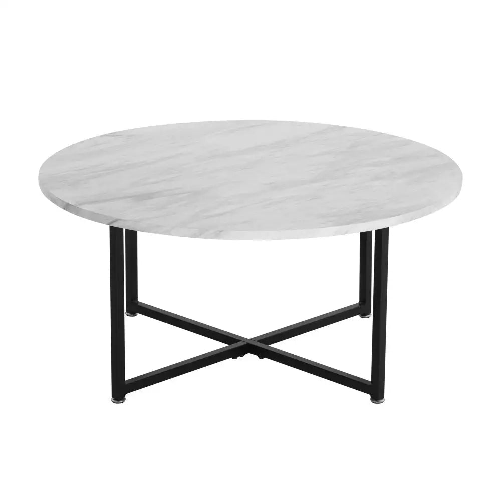 White Marble Effect Round Coffee Table with Black Legs - Furniture > Living Room > Coffee Tables