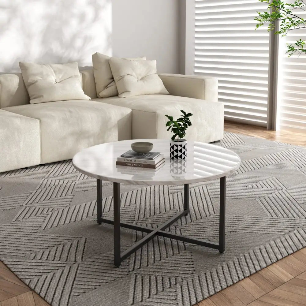 White Marble Effect Round Coffee Table with Black Legs - Furniture > Living Room > Coffee Tables