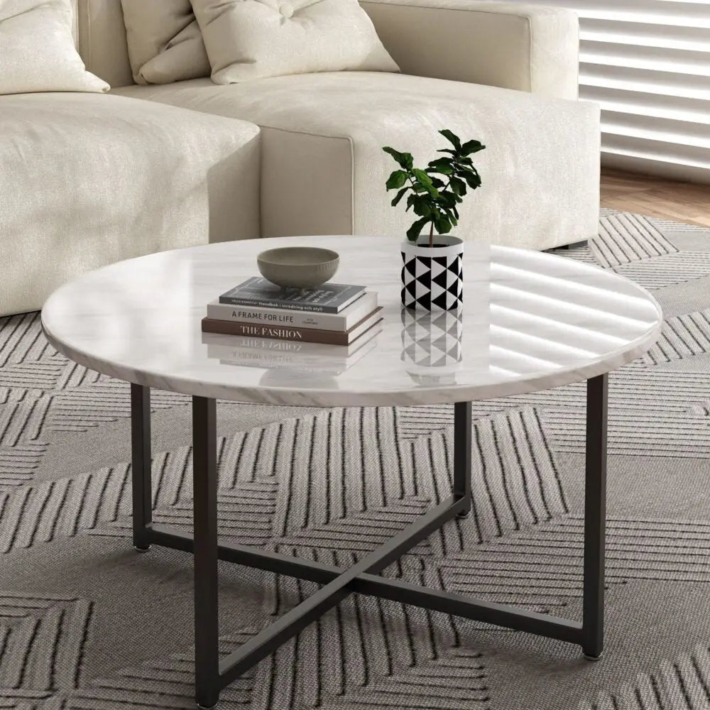 White Marble Effect Round Coffee Table with Black Legs - Furniture > Living Room > Coffee Tables