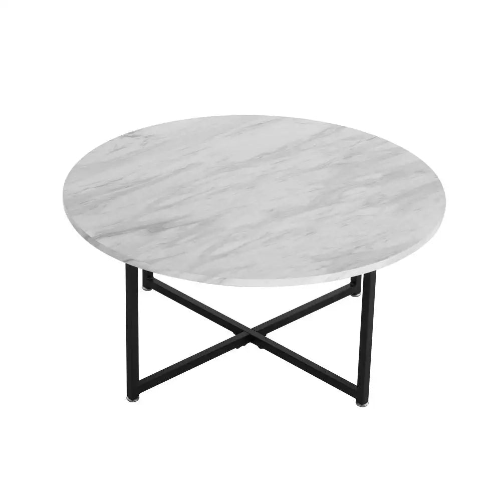 White Marble Effect Round Coffee Table with Black Legs - Furniture > Living Room > Coffee Tables