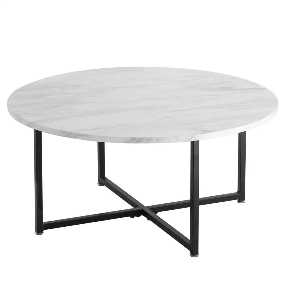 White Marble Effect Round Coffee Table with Black Legs - Furniture > Living Room > Coffee Tables