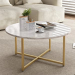 White Marble Effect Round Coffee Table with Gold Legs - Furniture > Living Room