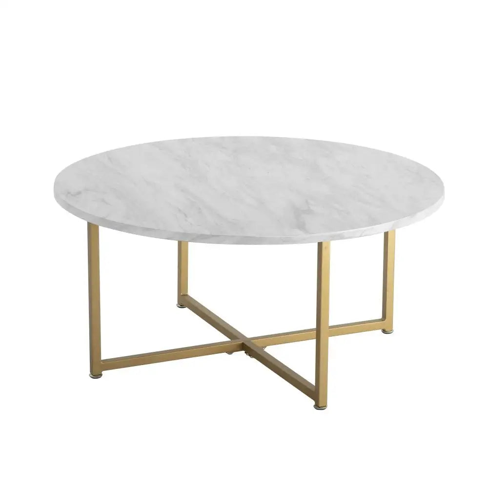 White Marble Effect Round Coffee Table with Gold Legs - Furniture > Living Room