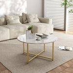White Marble Effect Round Coffee Table with Gold Legs - Furniture > Living Room