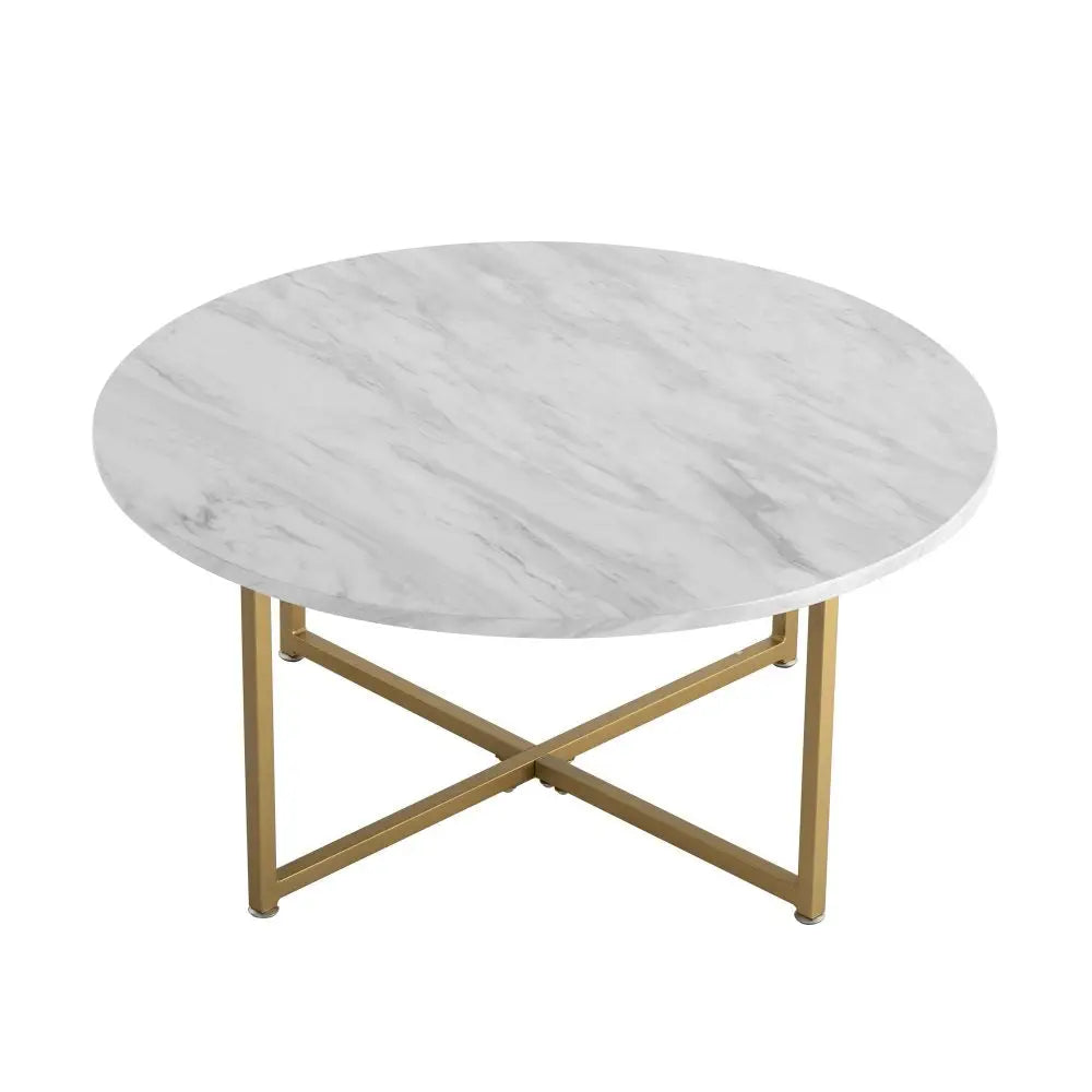 White Marble Effect Round Coffee Table with Gold Legs - Furniture > Living Room