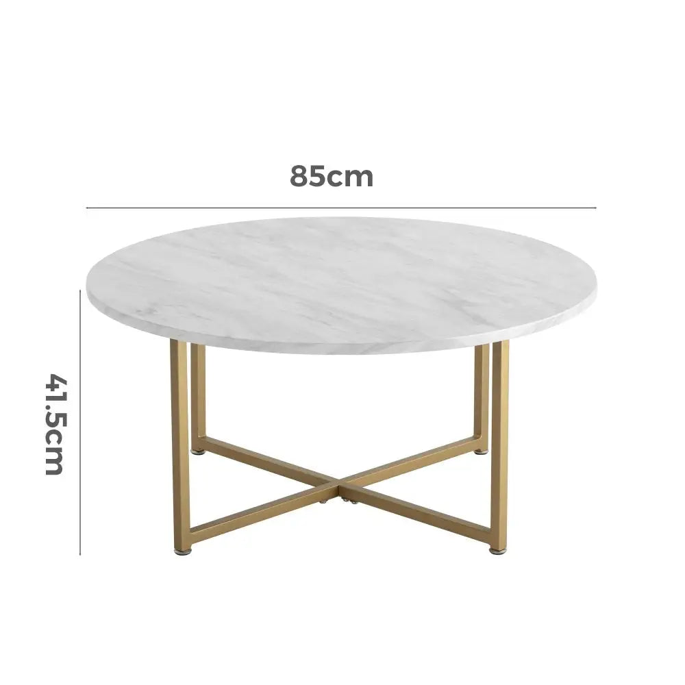 White Marble Effect Round Coffee Table with Gold Legs - Furniture > Living Room