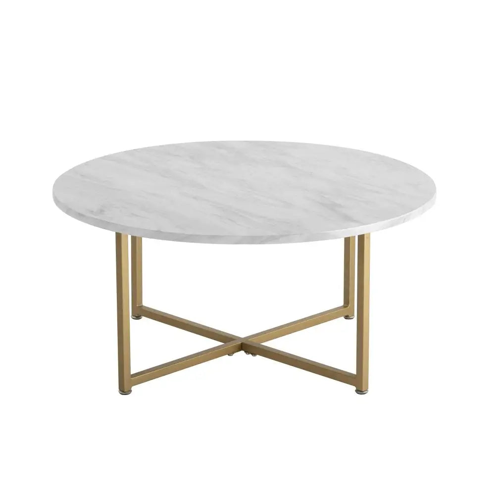 White Marble Effect Round Coffee Table with Gold Legs - Furniture > Living Room