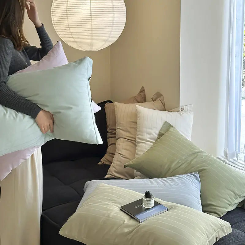 White Pinstripe Long Staple Cotton Sateen Pillowcase Set - Jacquard Striped Pure Cotton 48x74cm (Pair) - Home & Garden