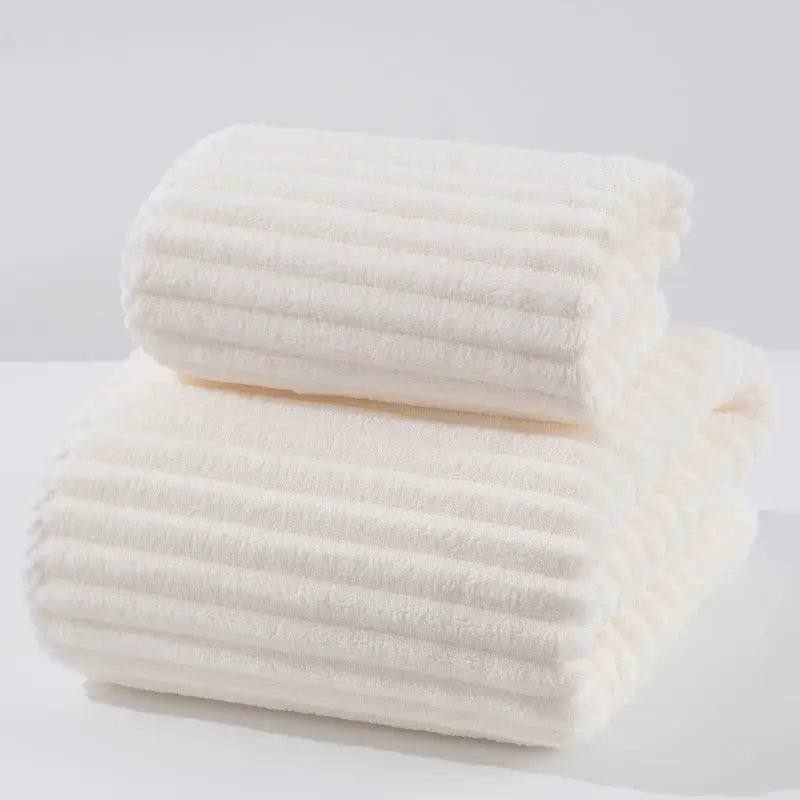 White Soft Candy Stripe Coral Fleece Bath Towel and Washcloth Set Ultra Absorbent Skin-Friendly - Home & Garden >