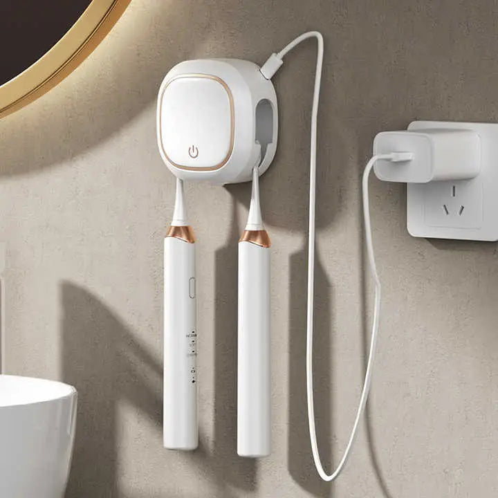 White Square UV-C Toothbrush Sterilizer Holder with Drying Function - Dual-Slot Wall-Mounted Design USB Rechargeable