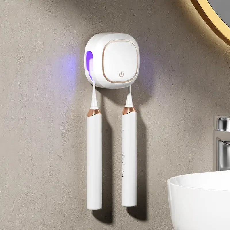 White Square UV-C Toothbrush Sterilizer Holder with Drying Function - Dual-Slot Wall-Mounted Design USB Rechargeable