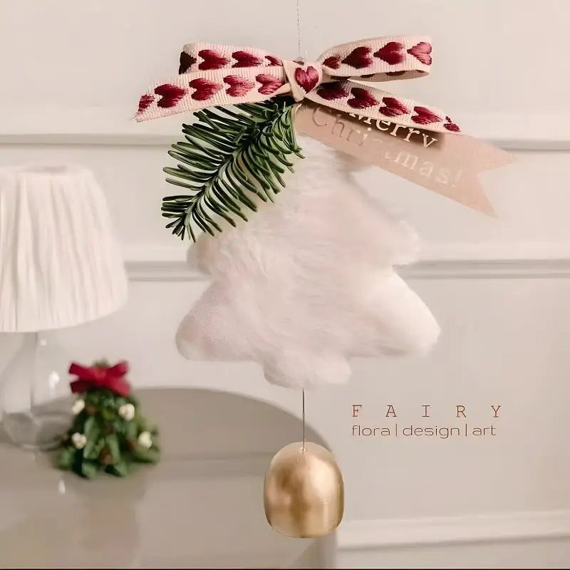 White Velvet Christmas Tree Ornament with Golden Bell and Ribbon - Elegant Holiday Decor (5 pieces) - Occasions >