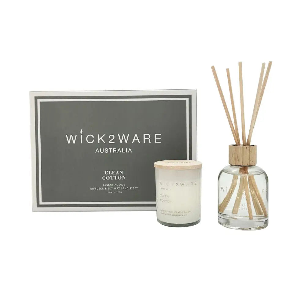 Wick2Ware Australia Clean Cotton Essential Oils Diffuser and Soy Wax Candle Set - Home & Garden > Decor > Candles &
