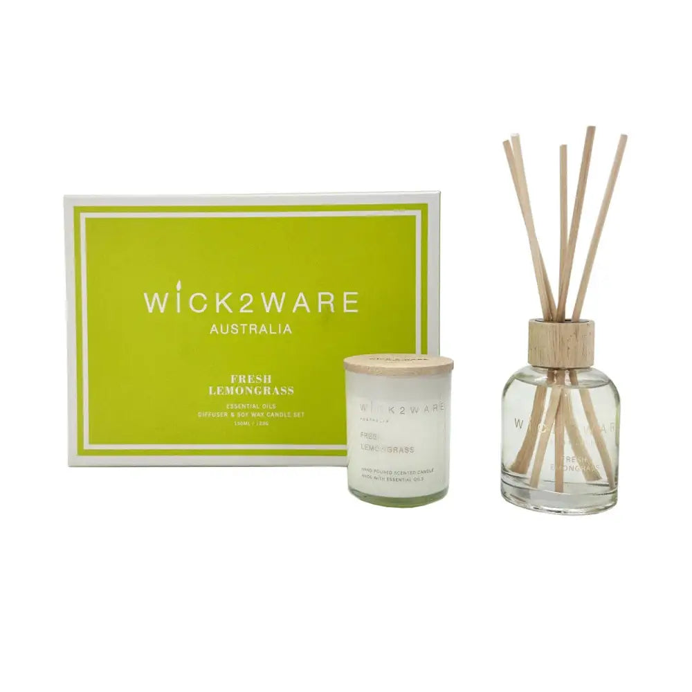 Wick2Ware Australia Fresh Lemongrass Essential Oils Diffuser and Soy Wax Candle Set - Home & Garden > Decor > Candles &