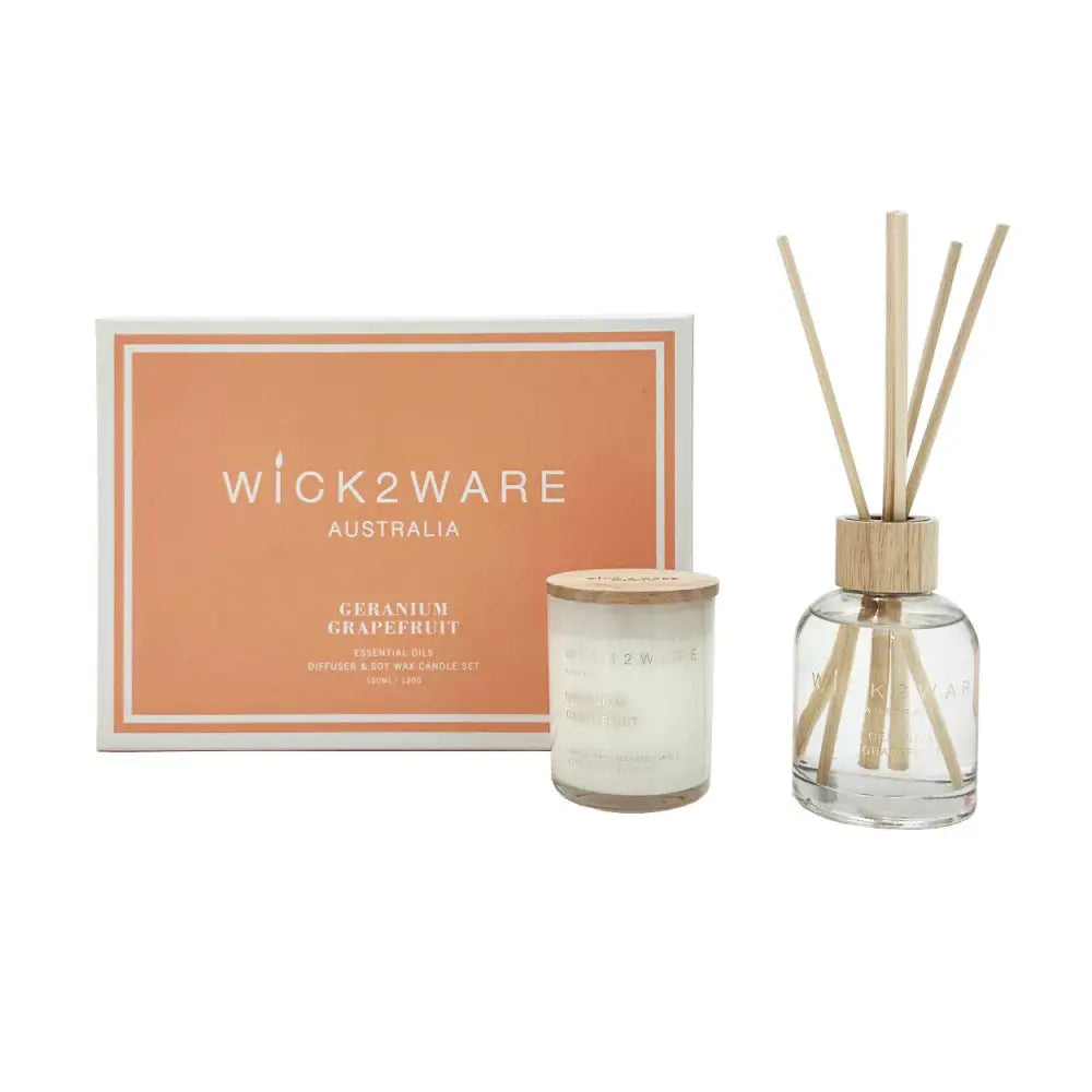 Wick2Ware Australia Geranium Grapefruit Essential Oils Diffuser and Soy Wax Candle Set - Home & Garden > Decor >