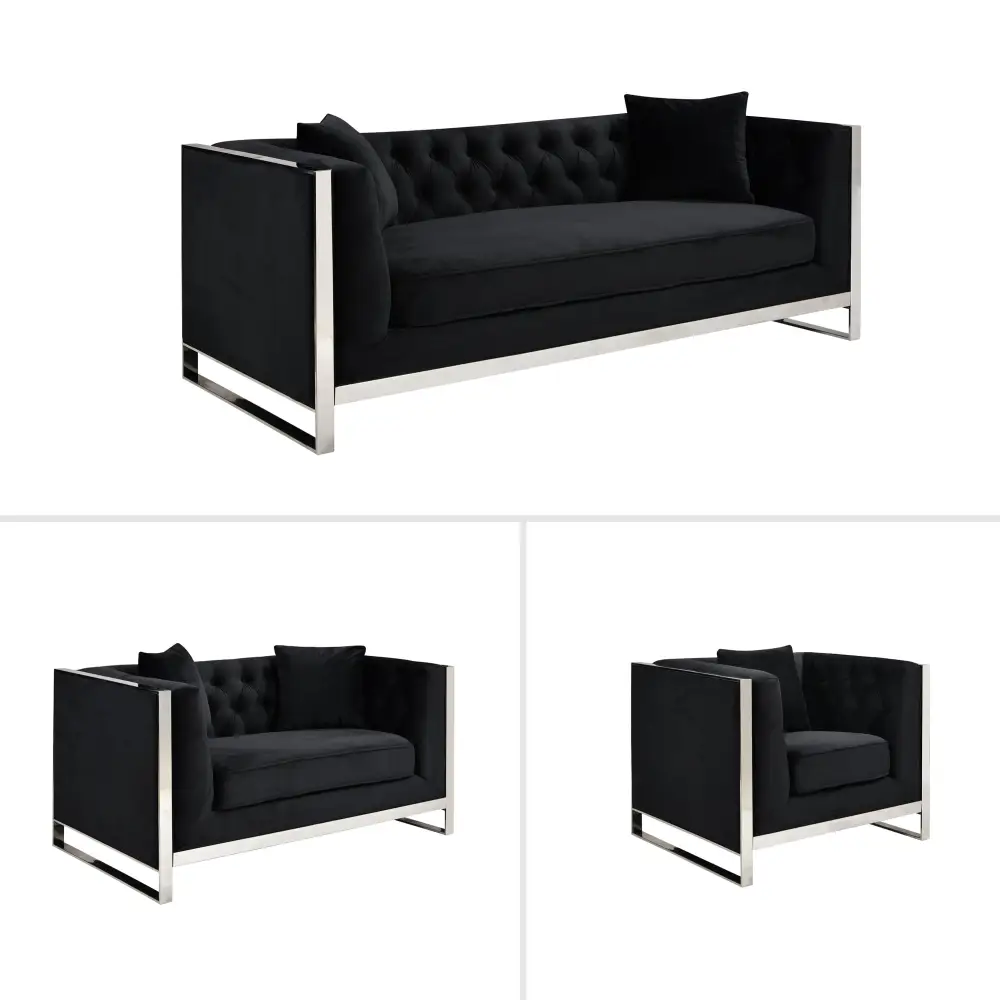 William Lounge 3 + 2 + 1 - Black Velvet - Silver Trims - Furniture > Sofas