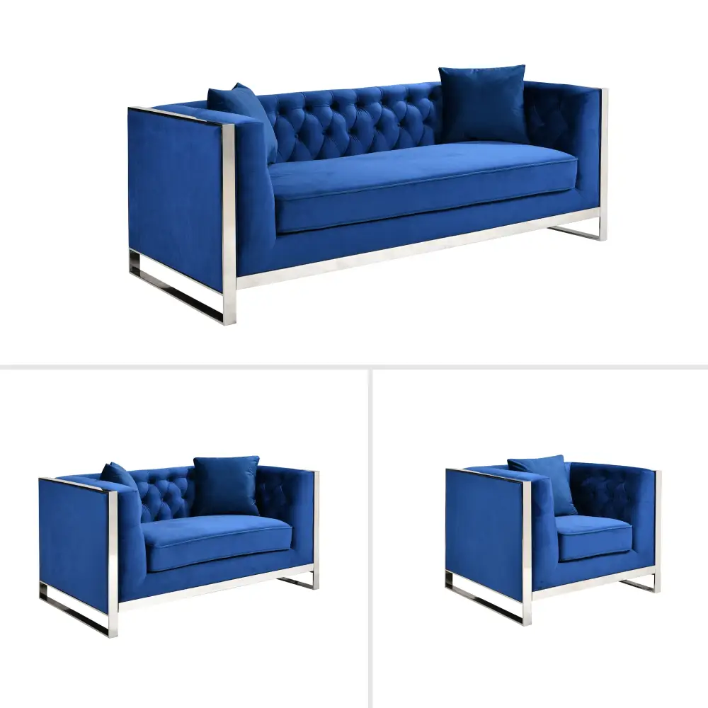 William Lounge - Blue Velvet - Silver Trims - Furniture > Sofas