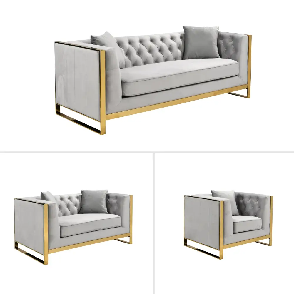 William Lounge - Light Grey Velvet - Gold Trims - Furniture > Sofas