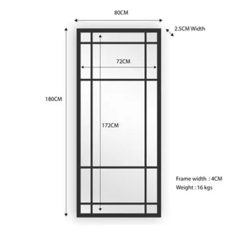 Window Style Mirror Full Length - Black 80 CM x 180 CM - Home & Garden > Decor > Mirrors