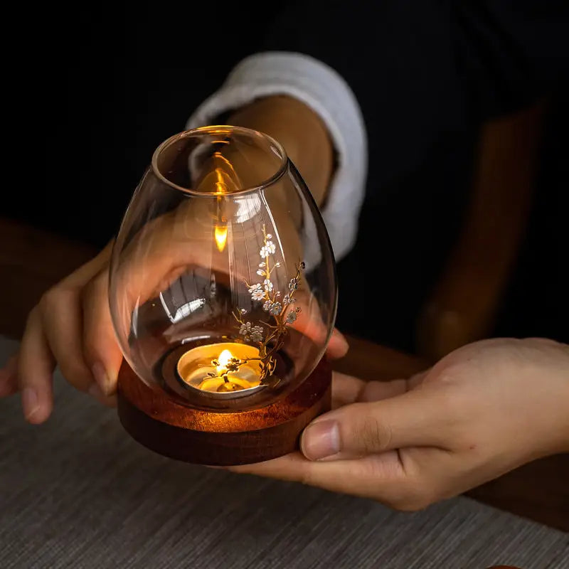 Windproof Glass Candle Cover with Wood Base - For Tealights Zen Home Accent (Plum blossom candlestick) - Home & Garden