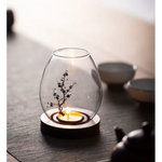 Windproof Glass Candle Cover with Wood Base - For Tealights Zen Home Accent (Plum blossom candlestick) - Home & Garden