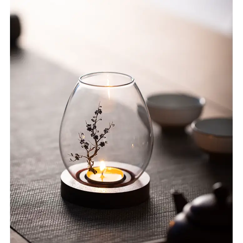Windproof Glass Candle Cover with Wood Base - For Tealights Zen Home Accent (Plum blossom candlestick) - Home & Garden