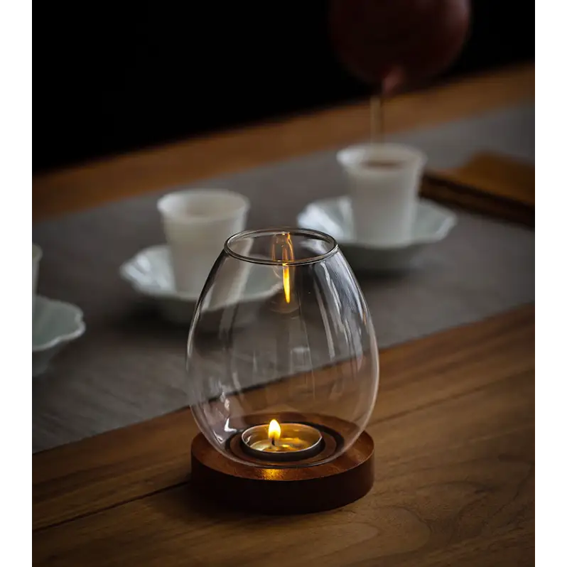 Windproof Glass Candle Cover with Wood Base - For Tealights Zen Home Accent (Transparent candle holder) - Home & Garden