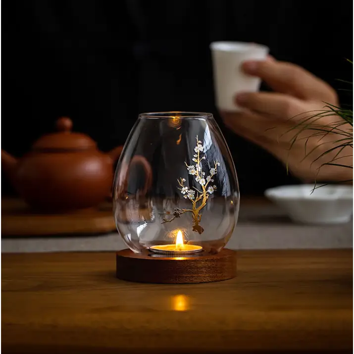 Windproof Glass Candle Cover with Wood Base - For Tealights Zen Home Accent (Plum blossom candlestick) - Home & Garden