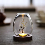 Windproof Glass Candle Cover with Wood Base - For Tealights Zen Home Accent (Plum blossom candlestick) - Home & Garden