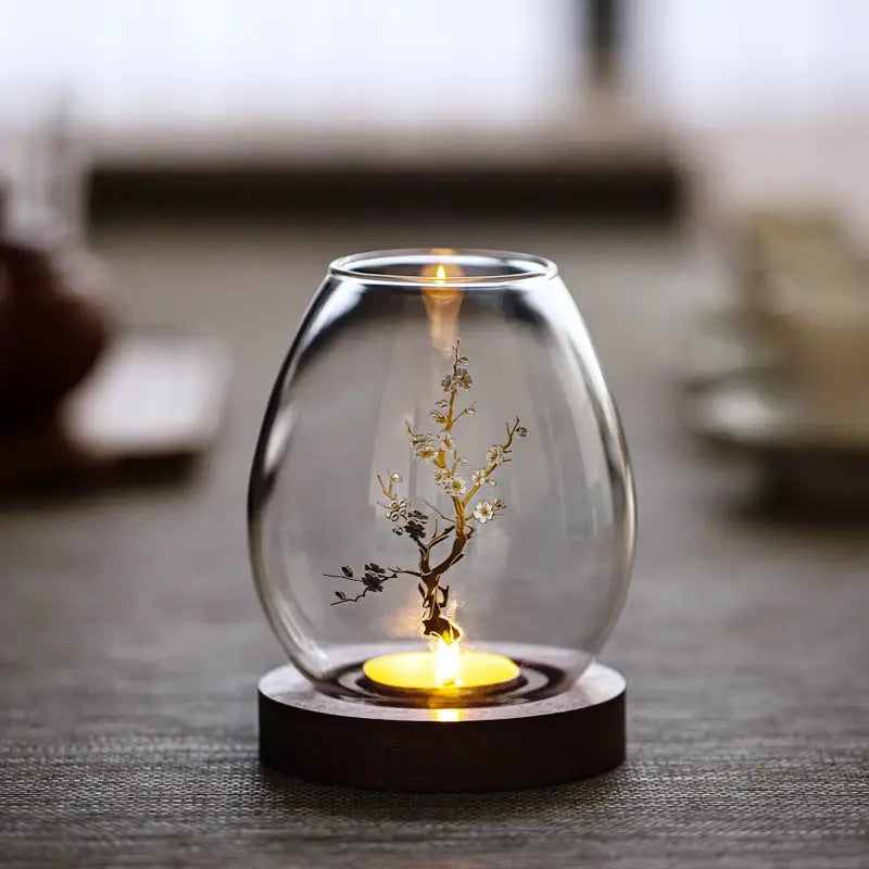 Windproof Glass Candle Cover with Wood Base - For Tealights Zen Home Accent (Plum blossom candlestick) - Home & Garden