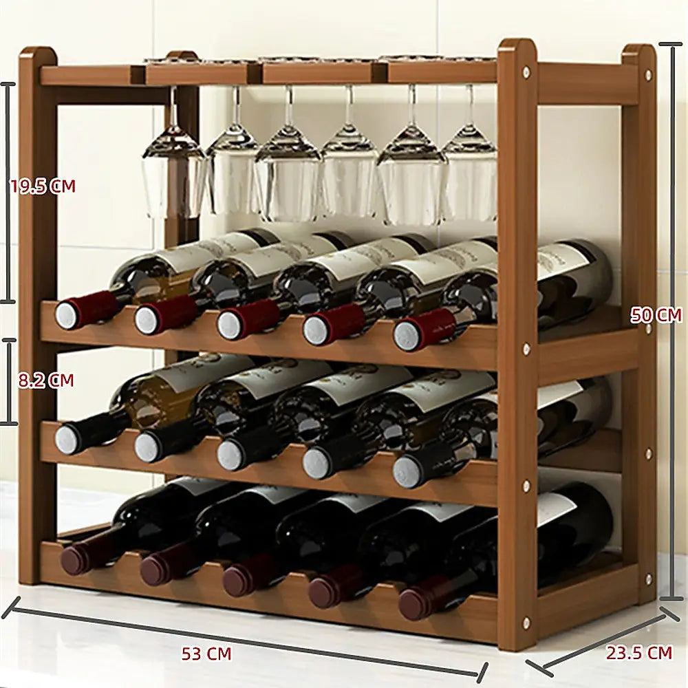 Wine Rack Free Standing 15 Bottles with 6 Glasses Holder Bamboo Wine Storage - Home & Garden > Kitchenware